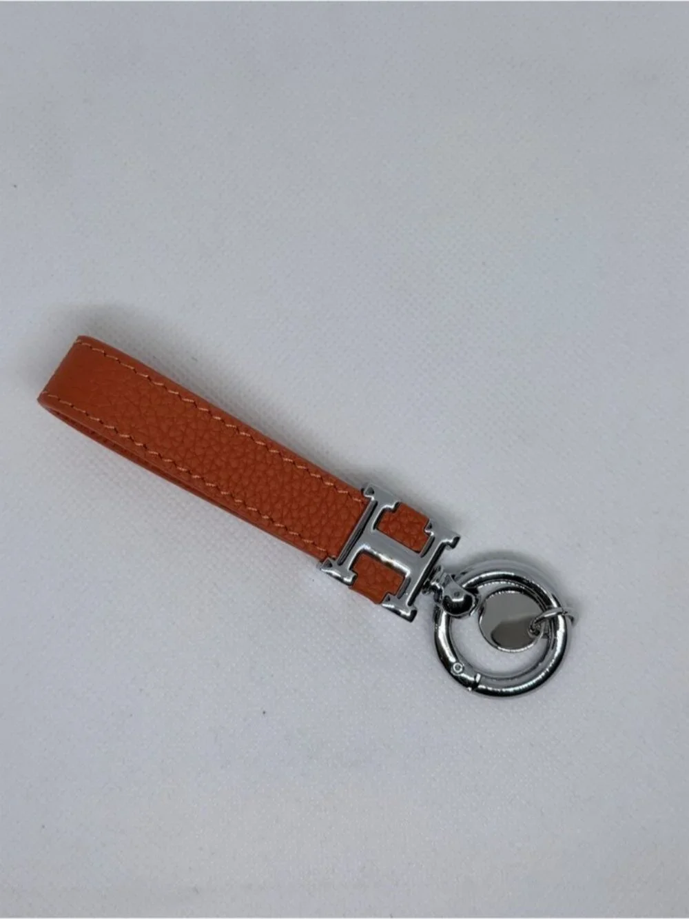 Orange Leather H Design Key Fob Bag Charm Silver Hardware 0896